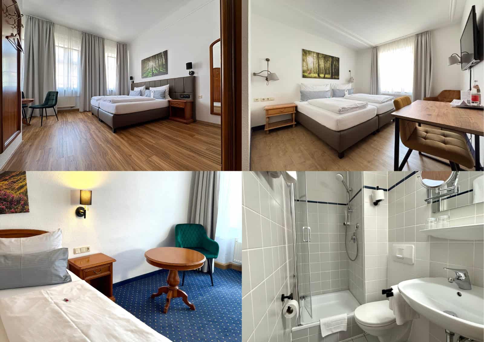 Gemütliches Hotelzimmer im Goldener Hirsch mit Doppeltbett und Blick auf den modernen Innenraum.